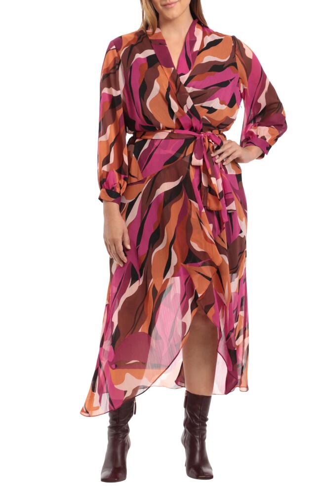 DONNA MORGAN FOR MAGGY Long Sleeve Wrap Dress in Black Hot Fuchsia Cover