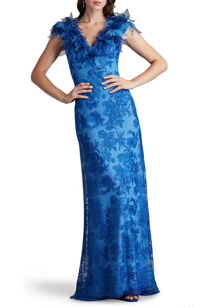 Tadashi Shoji Floral Embroidery Column Gown in Pacific Blue Cover