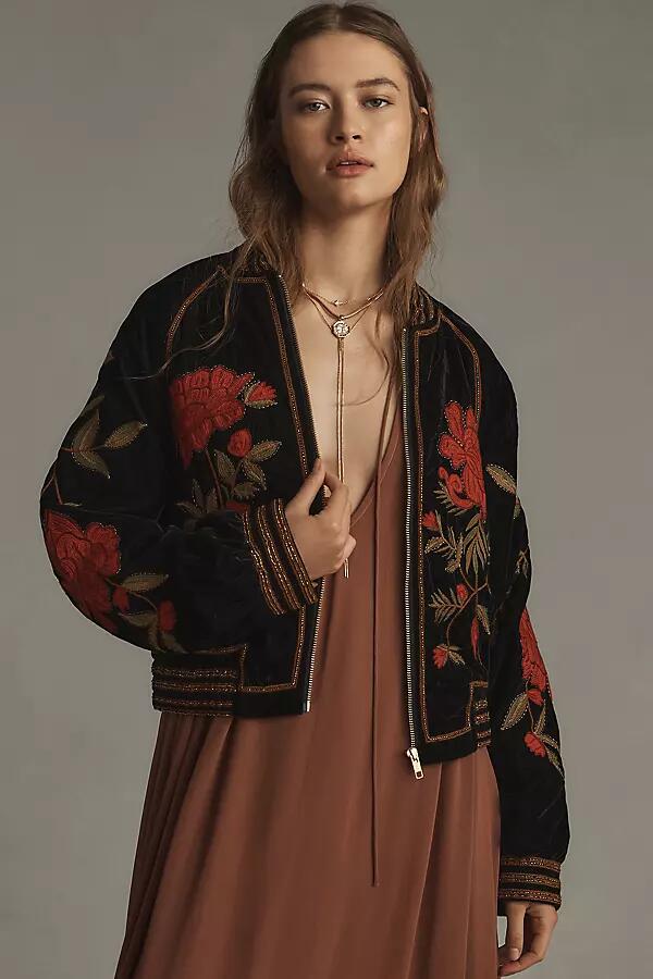 By Anthropologie Velvet Embroidered Bomber Jacket Cover