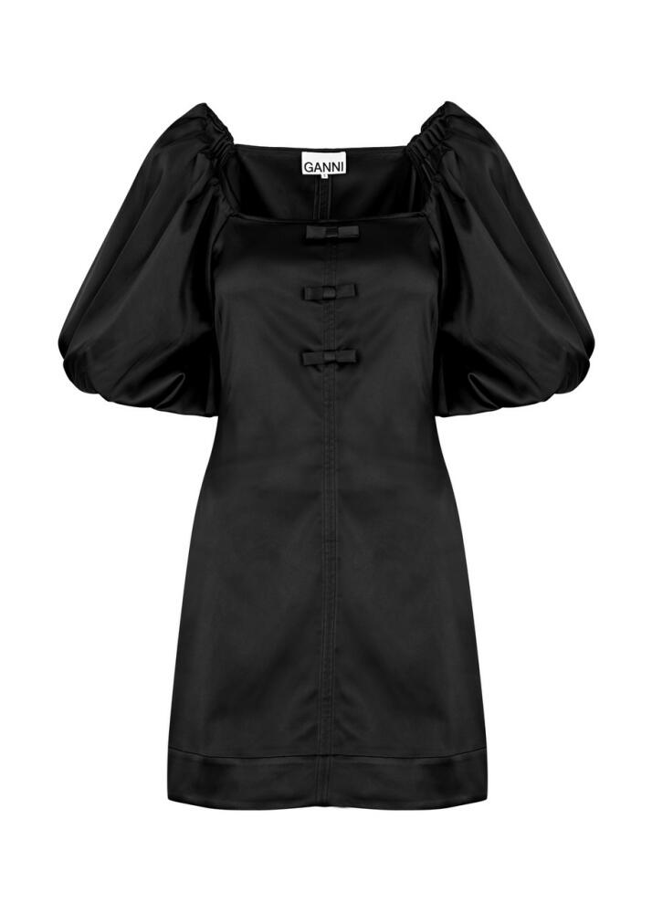 Ganni Bow-embellished Satin Mini Dress - Black Cover