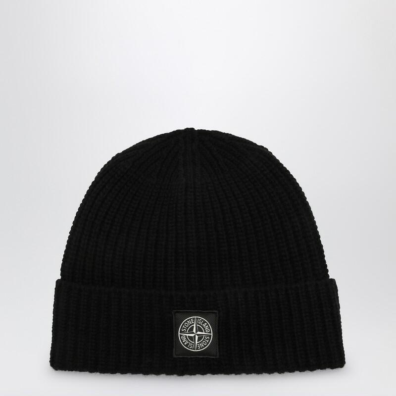 Stone Island Black wool cap with logo label Cover