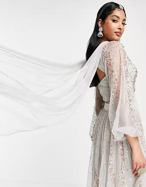 Maya all over embellished lehenga scarf in gray Cover