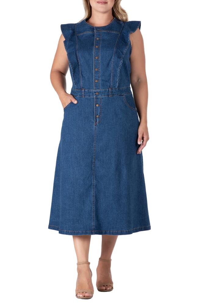 Standards & Practices Ruffle Sleeveless Denim Dress in Dark Blue Cover