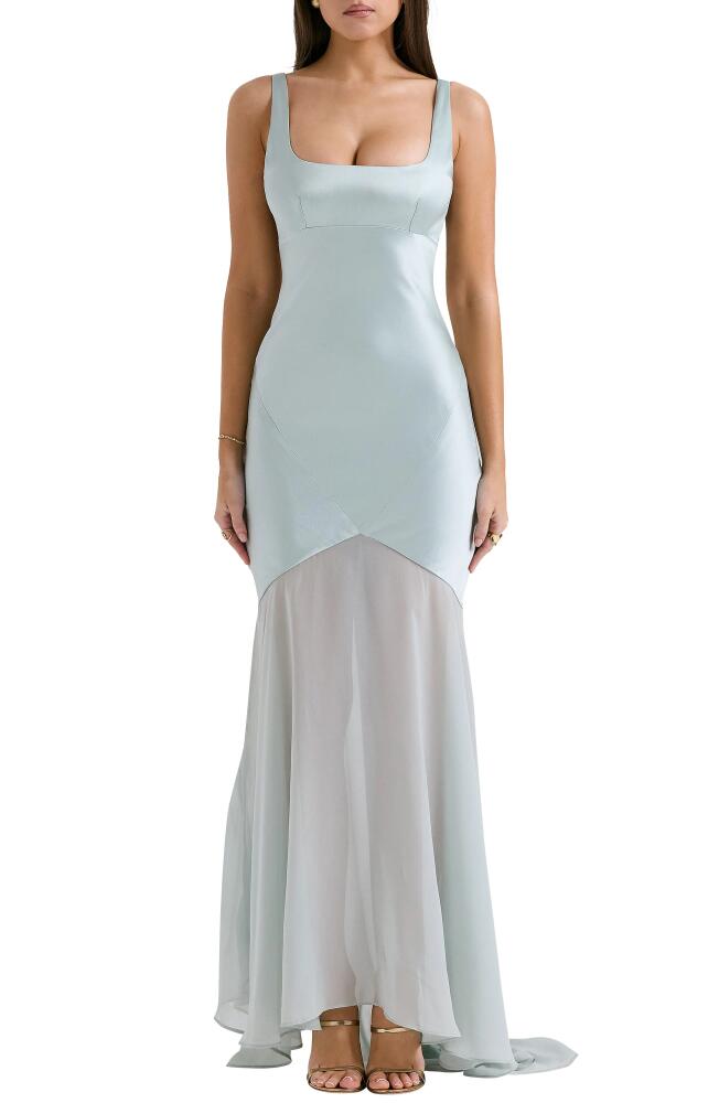 HOUSE OF CB Vittoria Paneled Satin & Chiffon Gown in Aqua Cover