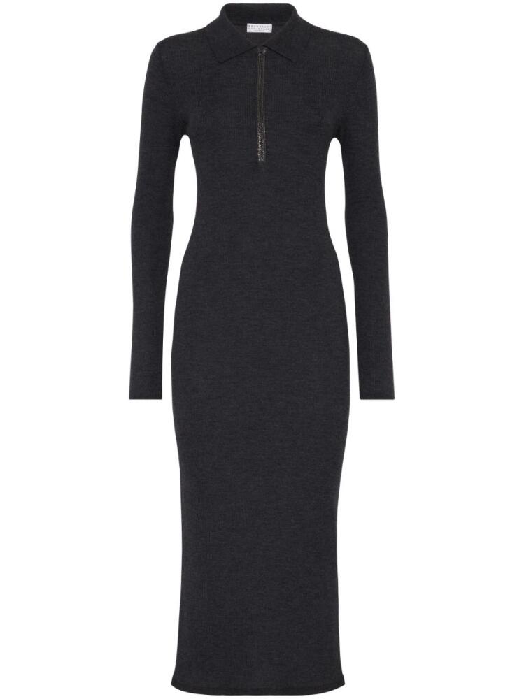 Brunello Cucinelli Monili-trim ribbed midi dress - Black Cover