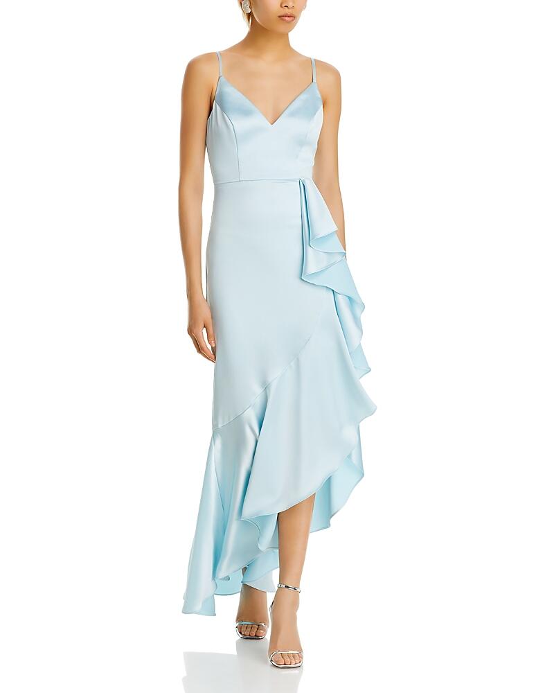 Aqua Satin Side Ruffle Midi Dress - Exclusive Cover