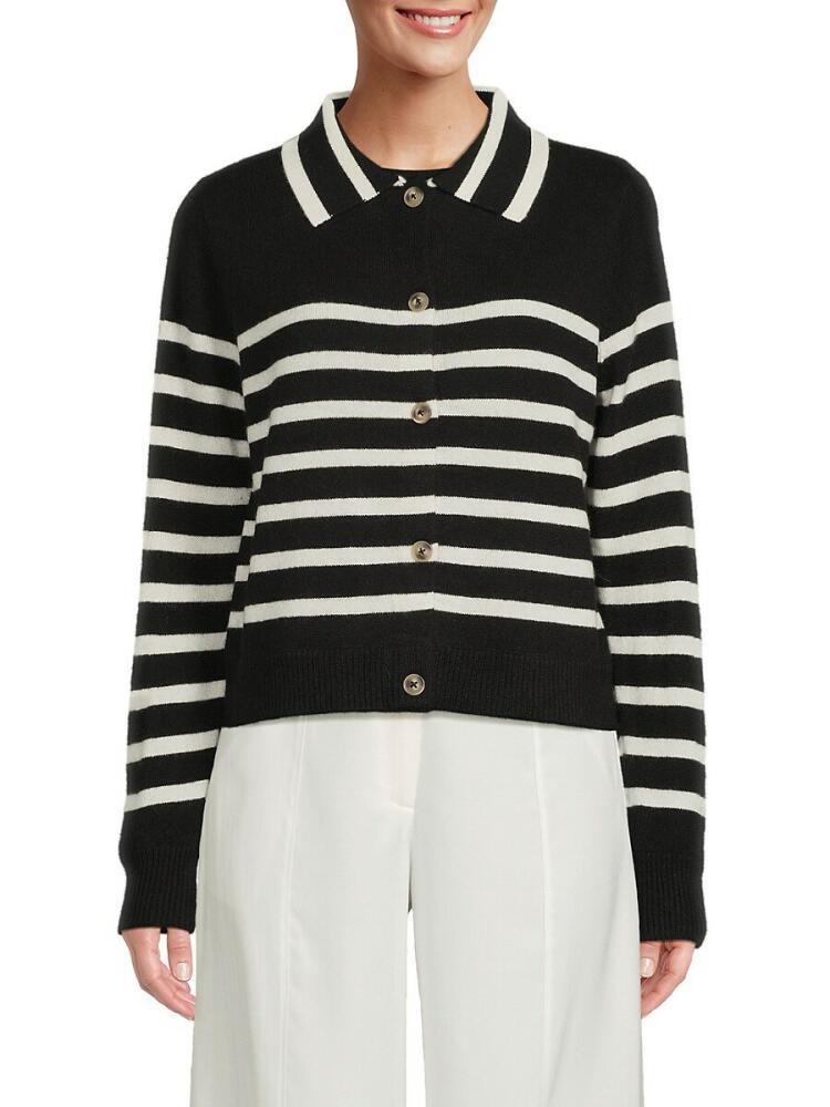 Saks Fifth Avenue Women's 100% Cashmere Long Sleeve Striped Sweater Polo - Black Frost Cover