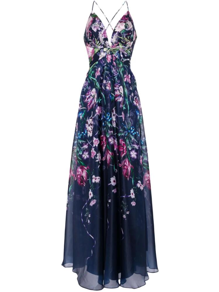 Marchesa Notte Ribbons floral-print chiffon gown - Blue Cover