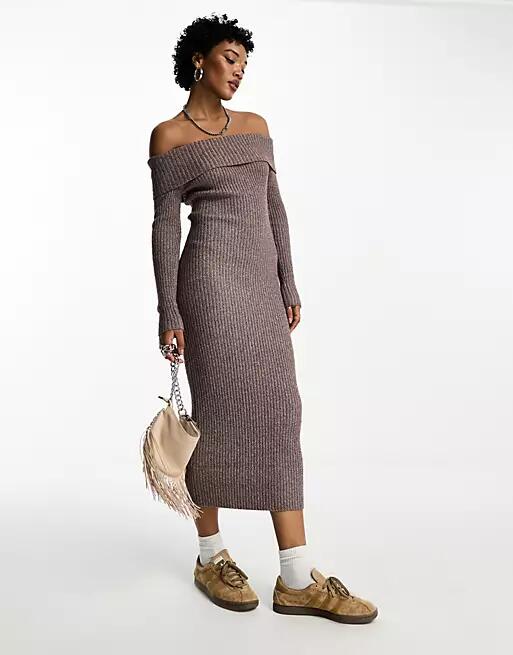 Emory Park bandeau flecked rib long sleeve knitted dress in mocha-Brown Cover