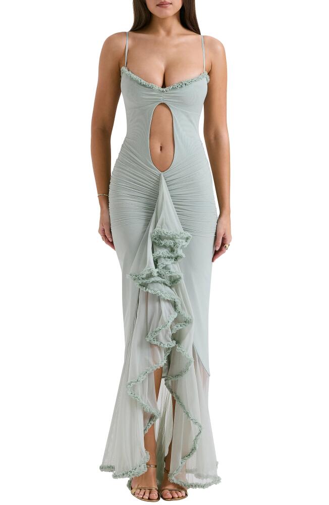 HOUSE OF CB Gabriella Keyhole & Ruffle Mesh Body-Con Gown in Aqua Cover