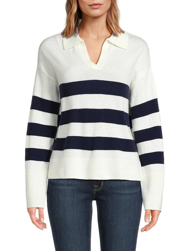 Saks Fifth Avenue Women's 100% Cashmere Striped Johnny Collar Sweater - Frost White Cover