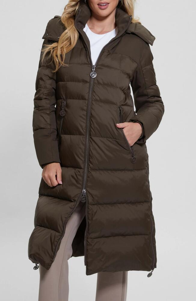 GUESS Carolyn Long Down Puffer Coat with Removable Hood in Chocolate Brownie Cover