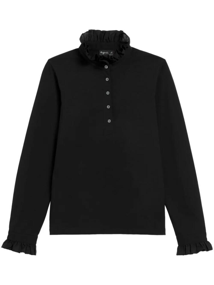 agnès b. ruffled-trim cotton polo top - Black Cover