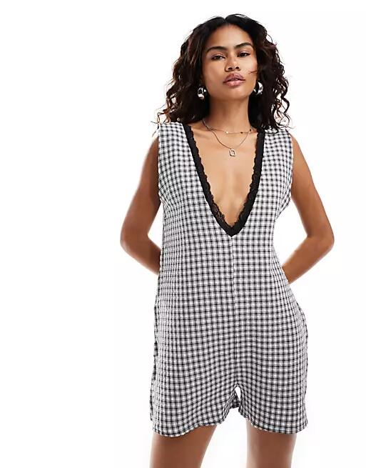 Reclaimed Vintage western milkmaid romper in gingham-Black Cover