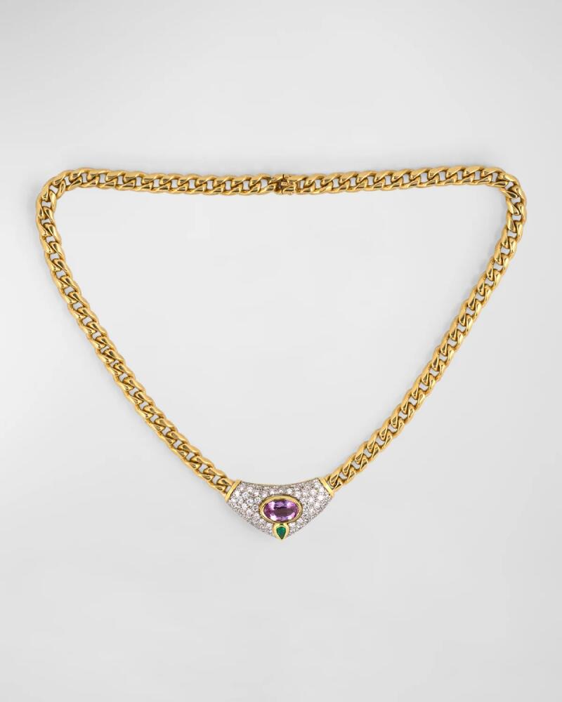 NM Estate Estate 18K Yellow and White Gold Pink Topaz, Emerald and Diamond Pendant Necklace Cover