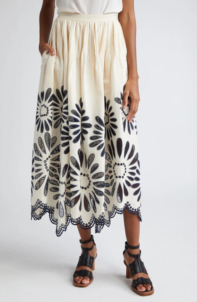 Ulla Johnson Annisa Embroidered Linen Blend Maxi Skirt in Porcelain Cover