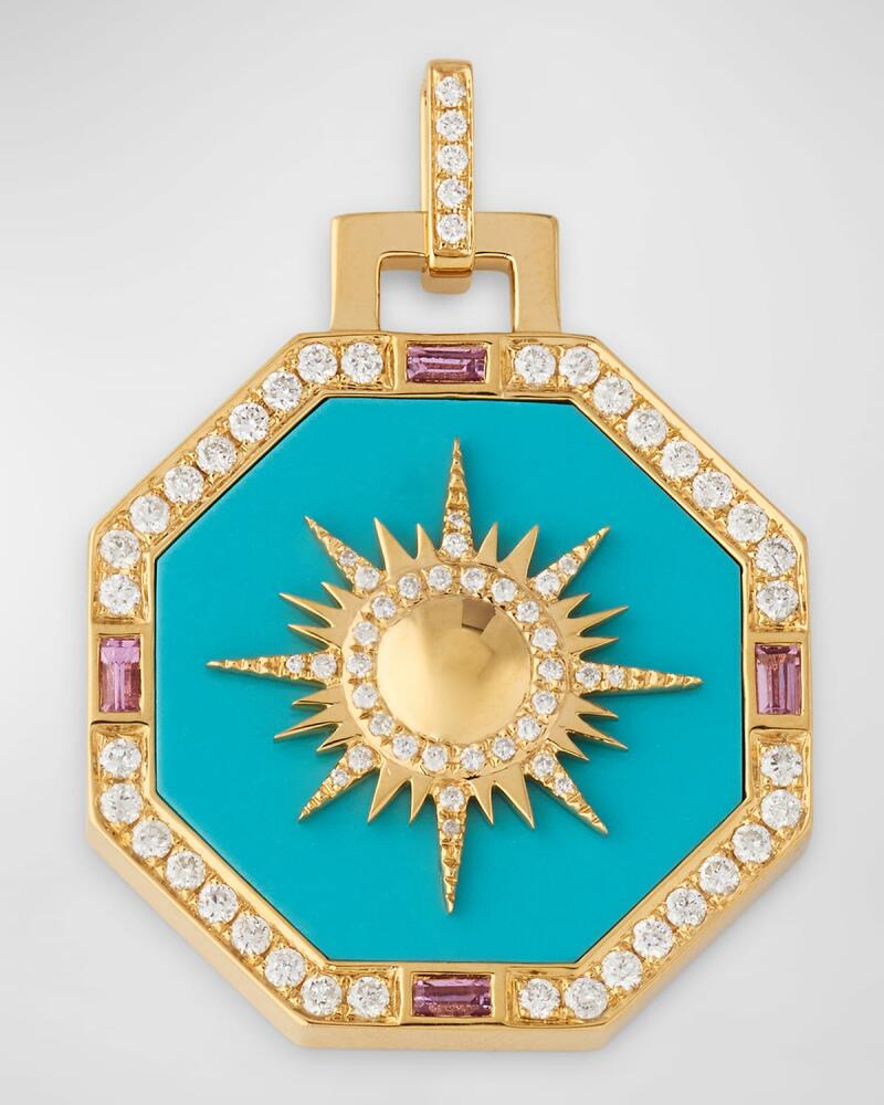 Sorellina 18K Yellow Gold Pendant with Turquoise, Sapphires and GH/Si Diamonds, 30x25mm. Cover