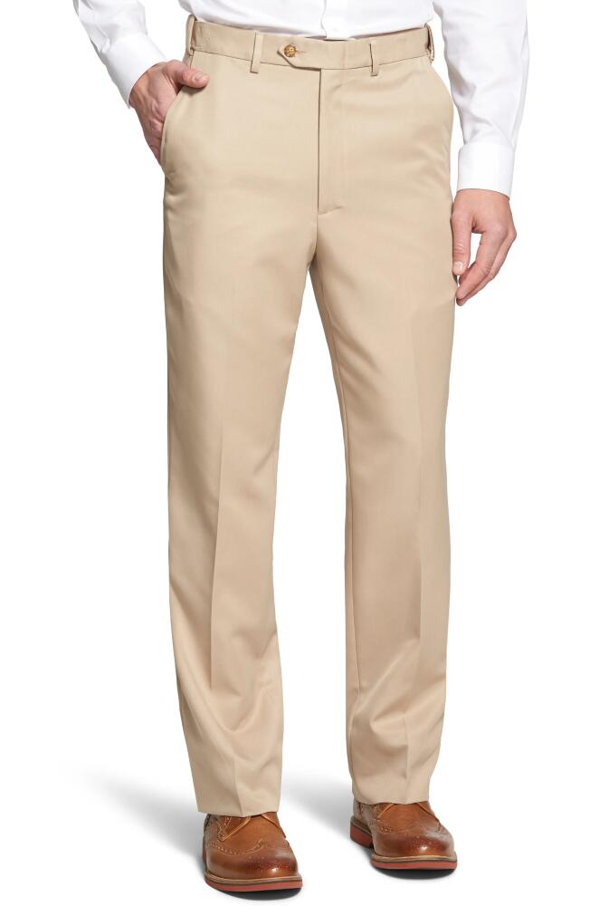 Berle Self Sizer Waist Flat Front Classic Fit Microfiber Trousers in Tan Cover