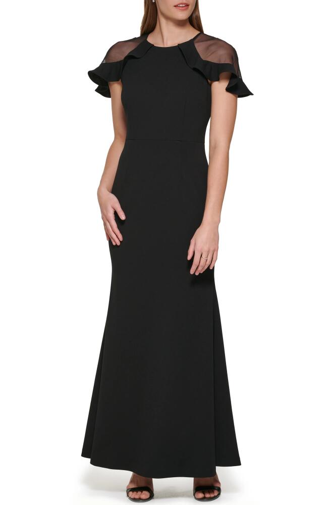 Eliza J Sheer Panel Flutter Sleeve Trumpet Gown in Black Cover