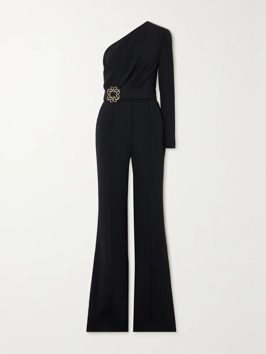 Elie Saab - One-shoulder Embellished Stretch-crepe Jumpsuit - Black Cover