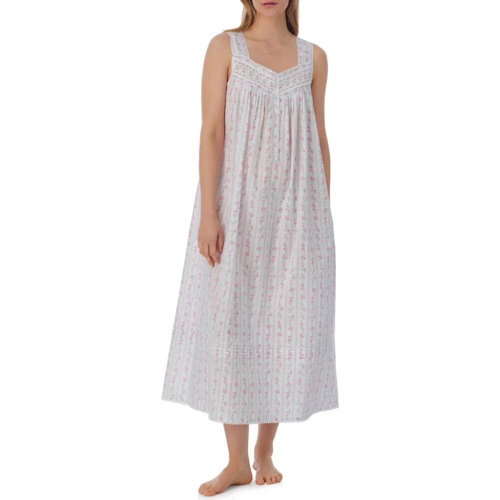 Eileen West Floral Sleeveless Cotton Ballet Nightgown in White Floral Stripe Cover