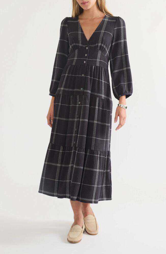 Marine Layer Maeve Plaid Long Sleeve Tiered Maxi Dress in Black Windowpane Cover