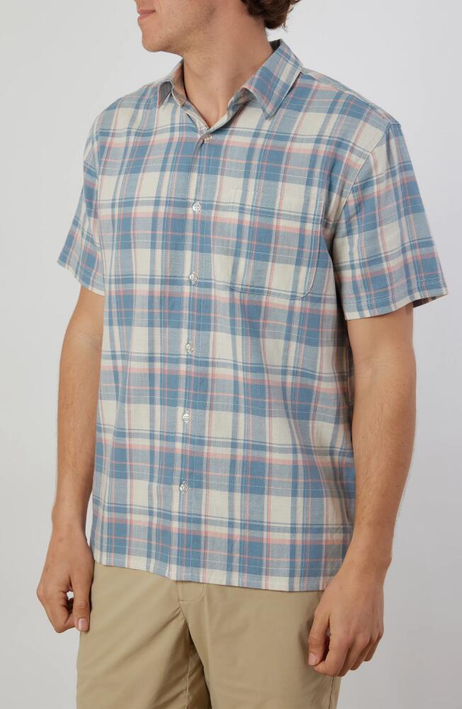 Rainforest Old Harbour Plaid Cotton Short Sleeve Button-Up Shirt in Crme/Blue/Salmon Cover