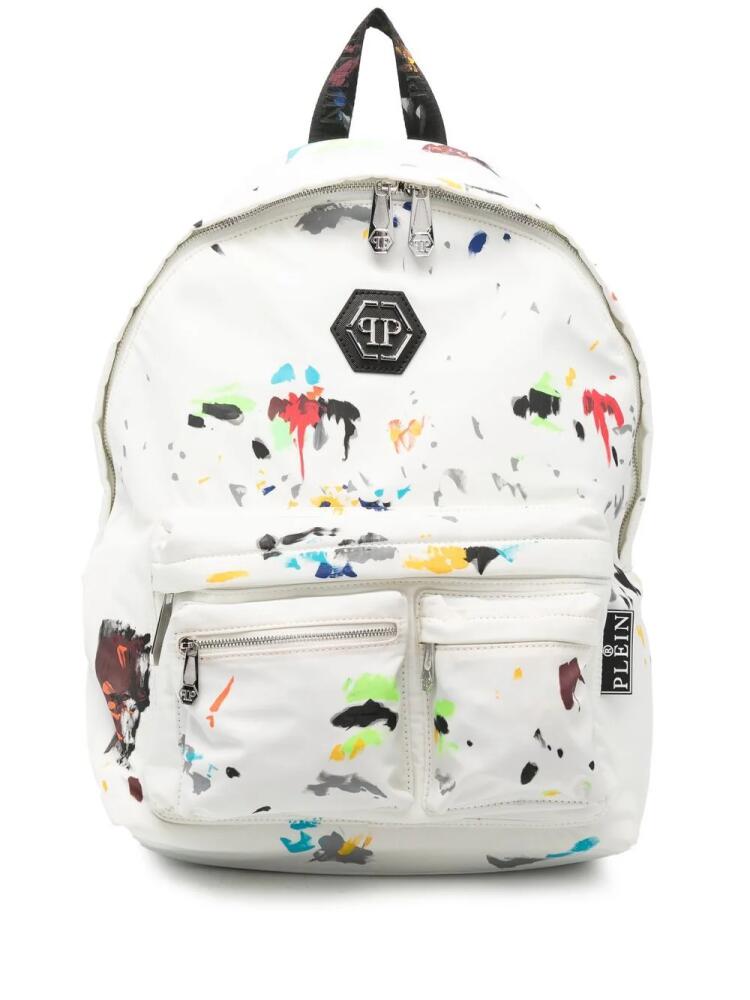 Philipp Plein paint-splatter print logo backpack - White Cover