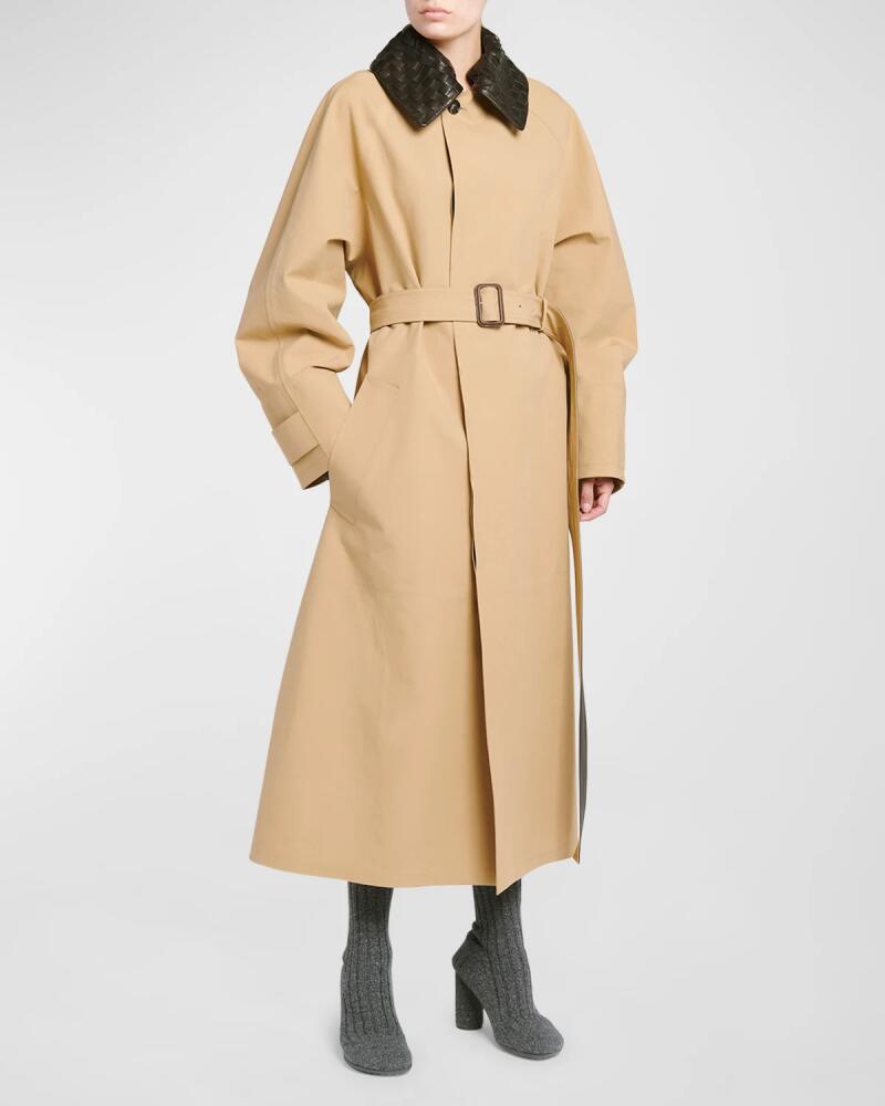 Bottega Veneta Waterproof Cotton Belted Trench Coat with Leather Collar Cover