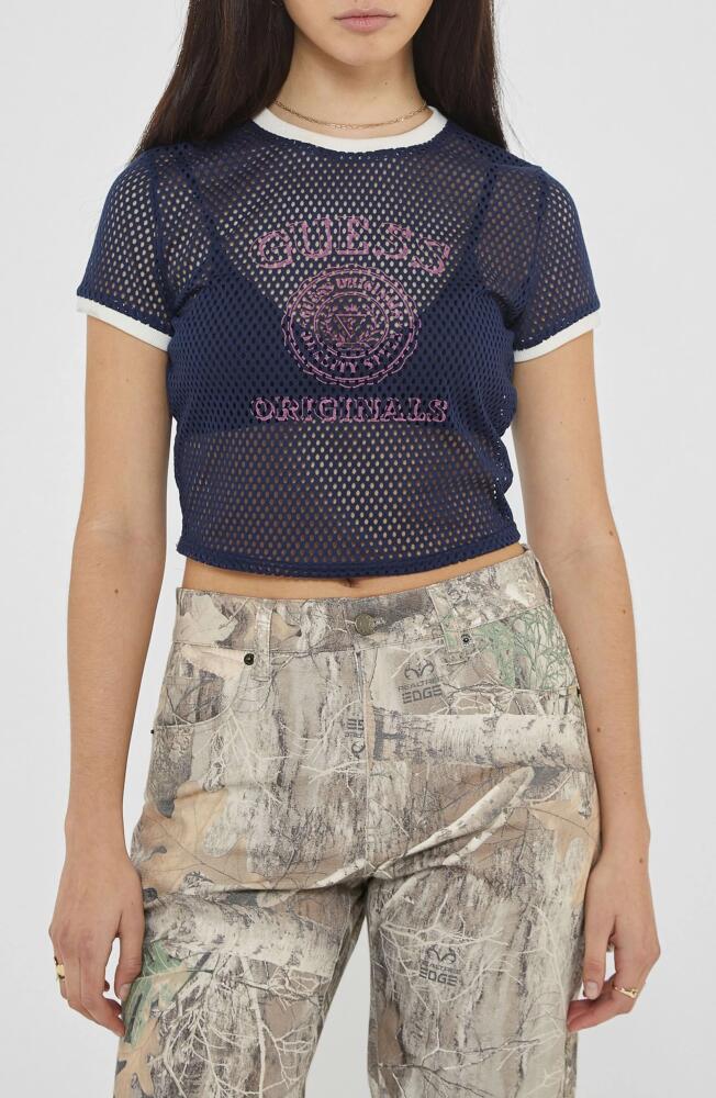 GUESS Logo Ringer Mesh Graphic T-Shirt in Uniform Blue Multi Cover