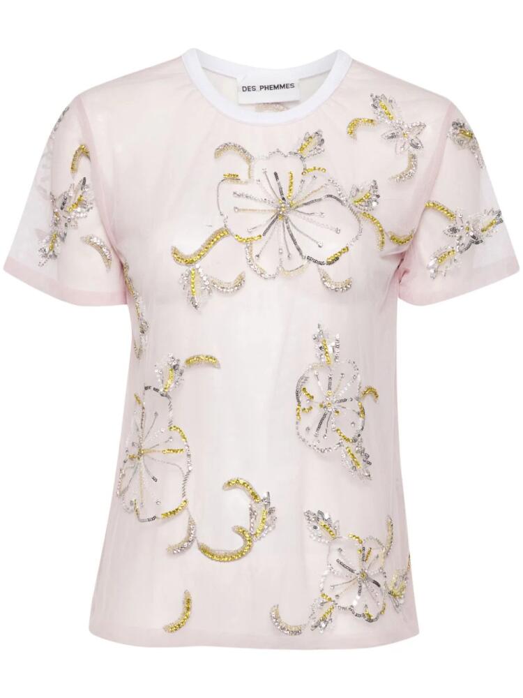 DES PHEMMES Hibiscus-embroidered semi-sheer T-shirt - Pink Cover