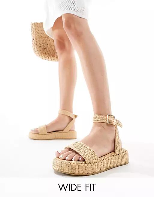 Truffle Collection wide fit raffia ankle strap sandal in natural-Neutral Cover