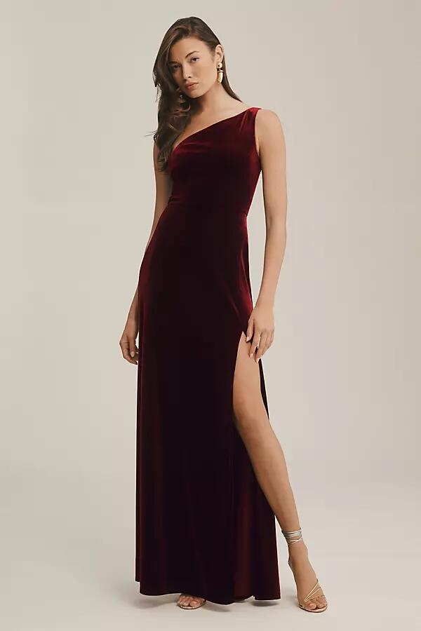 Jenny Yoo Cybill One-Shoulder Side-Slit Stretch Velvet Gown Cover