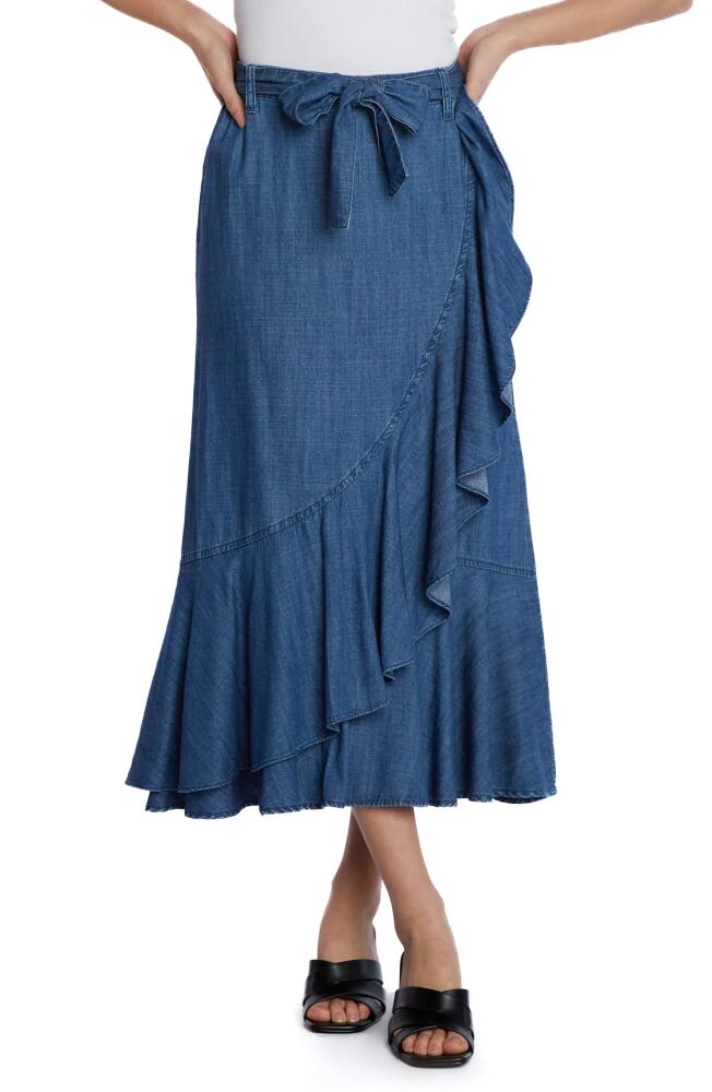 Wash Lab Denim Ruffle Faux Wrap Denim Midi Skirt in Deep Sea Blue Cover