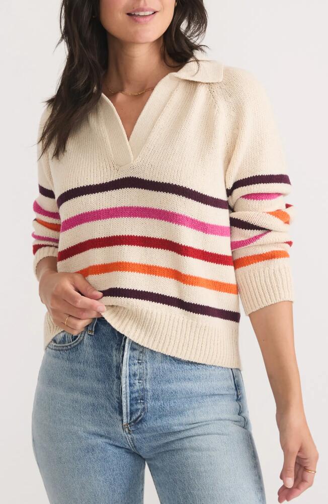 Marine Layer Claire Stripe Wool & Cotton Johnny Collar Polo Sweater in Warm Stripe Cover