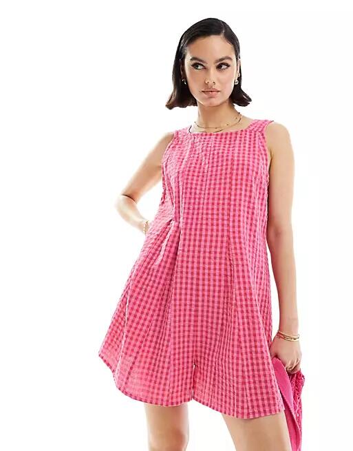 ASOS DESIGN godet throw on romper in pink gingham-Multi Cover