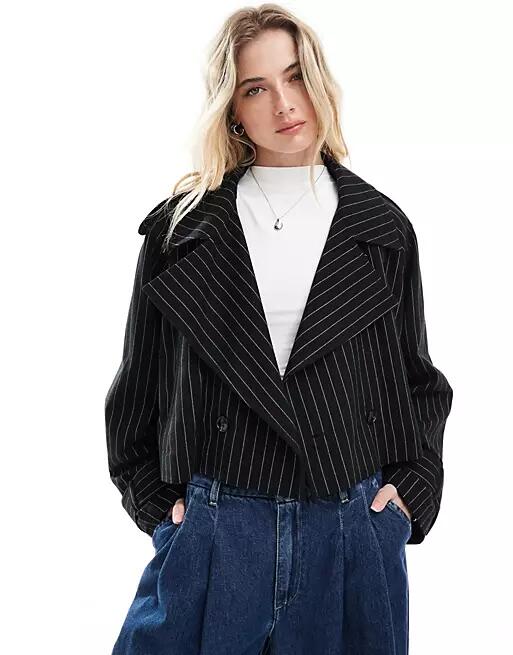 ASOS DESIGN cropped trench coat in black pinstripe Cover