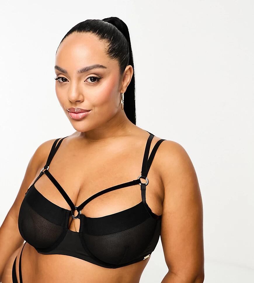 We Are We Wear Curve mesh and velvet non padded balconette bra in black Cover