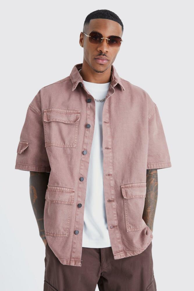 boohoo Mens Boxy Fit Overdyed Denim Cargo Shirt - Brown Cover