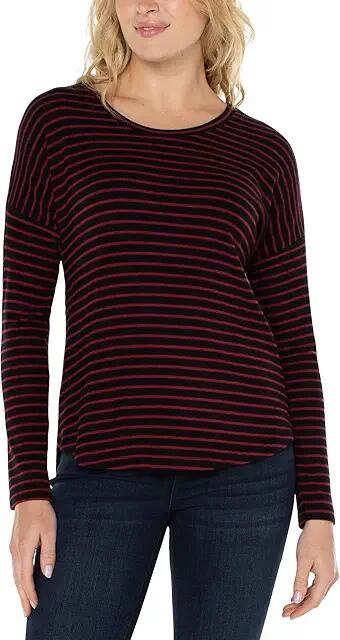 Liverpool Los Angeles Long Sleeve Drop Shoulder Scoop Neck Knit Top (Red/Black Stripe) Women's Clothing Cover