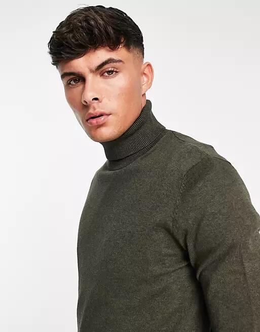 Jack & Jones Essentials turtle neck sweater in khaki-Green Cover