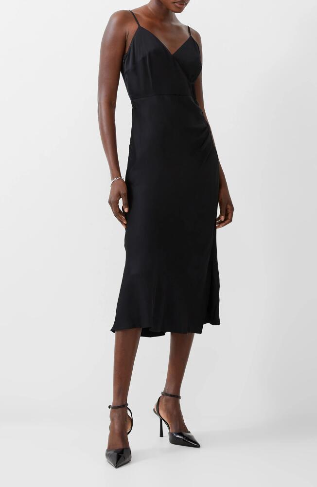 French Connection Ennis Ruched Satin Faux Wrap Midi Dress in 03-Blackout Cover