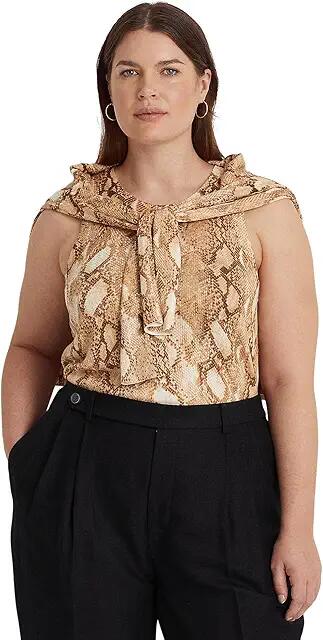 Lauren Ralph Lauren Plus Size Snakeskin Print Cotton-Blend Tank Top (Cream Multi) Women's Clothing Cover