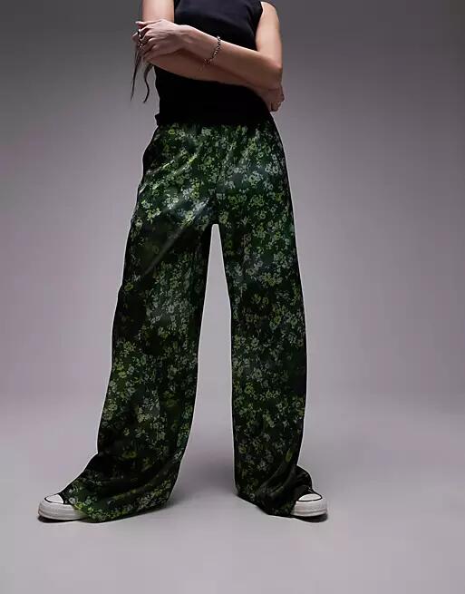 Topshop satin print wide leg pull on pants in green Cover