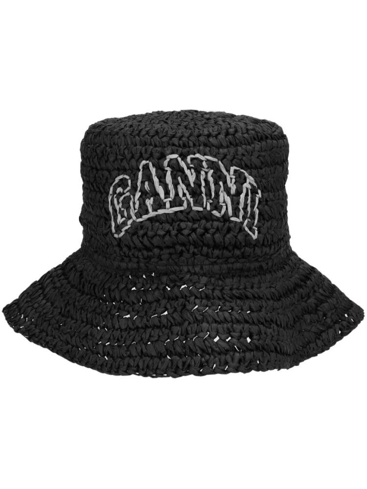 GANNI logo-embroidered raffia hat - Black Cover