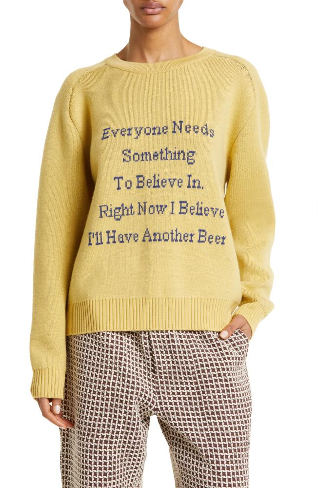 Bode Another Beer Jacquard Graphic Merino Wool Sweater in Yellow Blue Cover