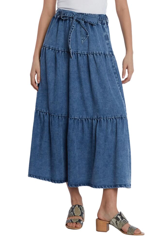 Wash Lab Denim Tiered Tie Belt Denim Maxi Skirt in Hilo Blue Cover