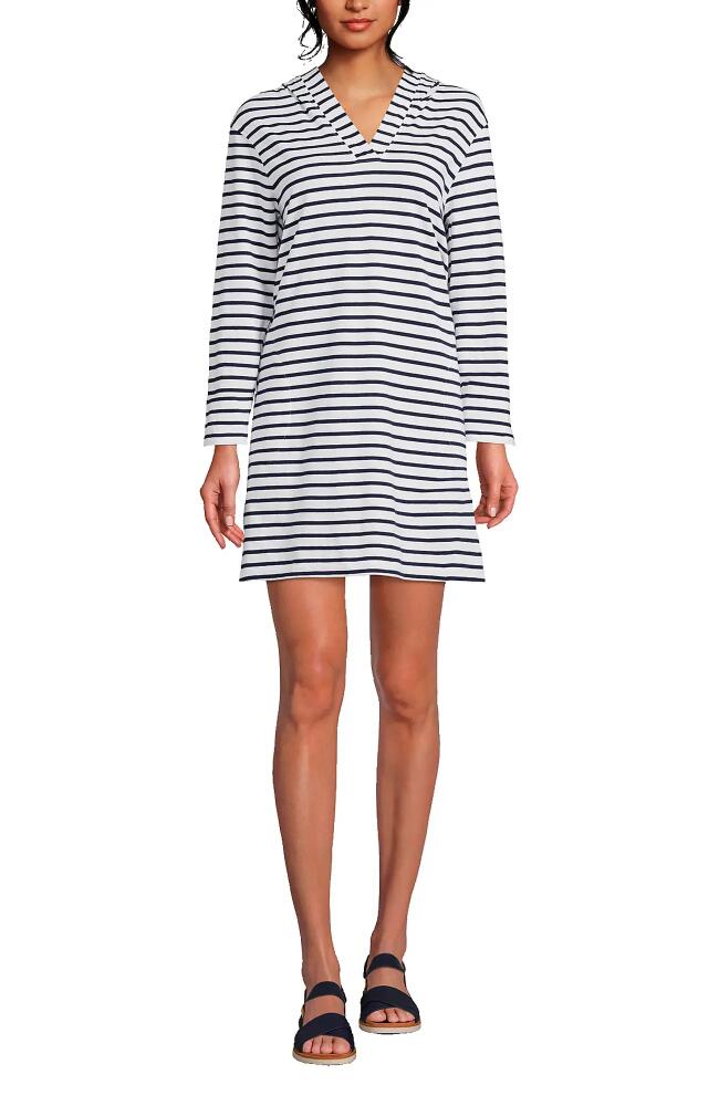 Lands' End Cotton Jersey Long Sleeve Hooded Swim Cover-up Dress in White/deep Sea Stripe Cover