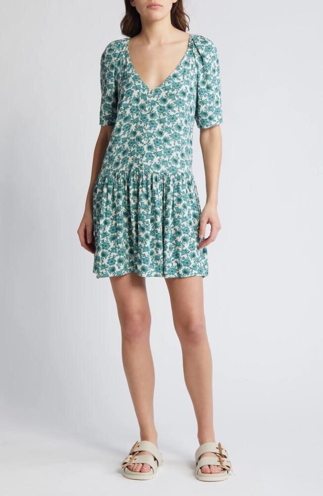 Treasure & Bond Button-Up Drop Waist Minidress in Ivory- Green Celia Floral Cover