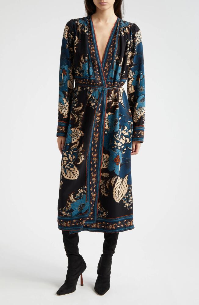 FARM Rio Blossom Tapestry Long Sleeve Wrap Dress in Blossom Tapestry Black Cover